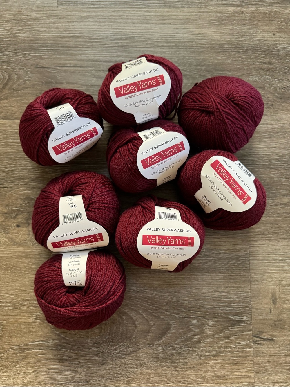 Burgundy Valley Superwash DK Yarn 8 Skeins Merino Wool Washable